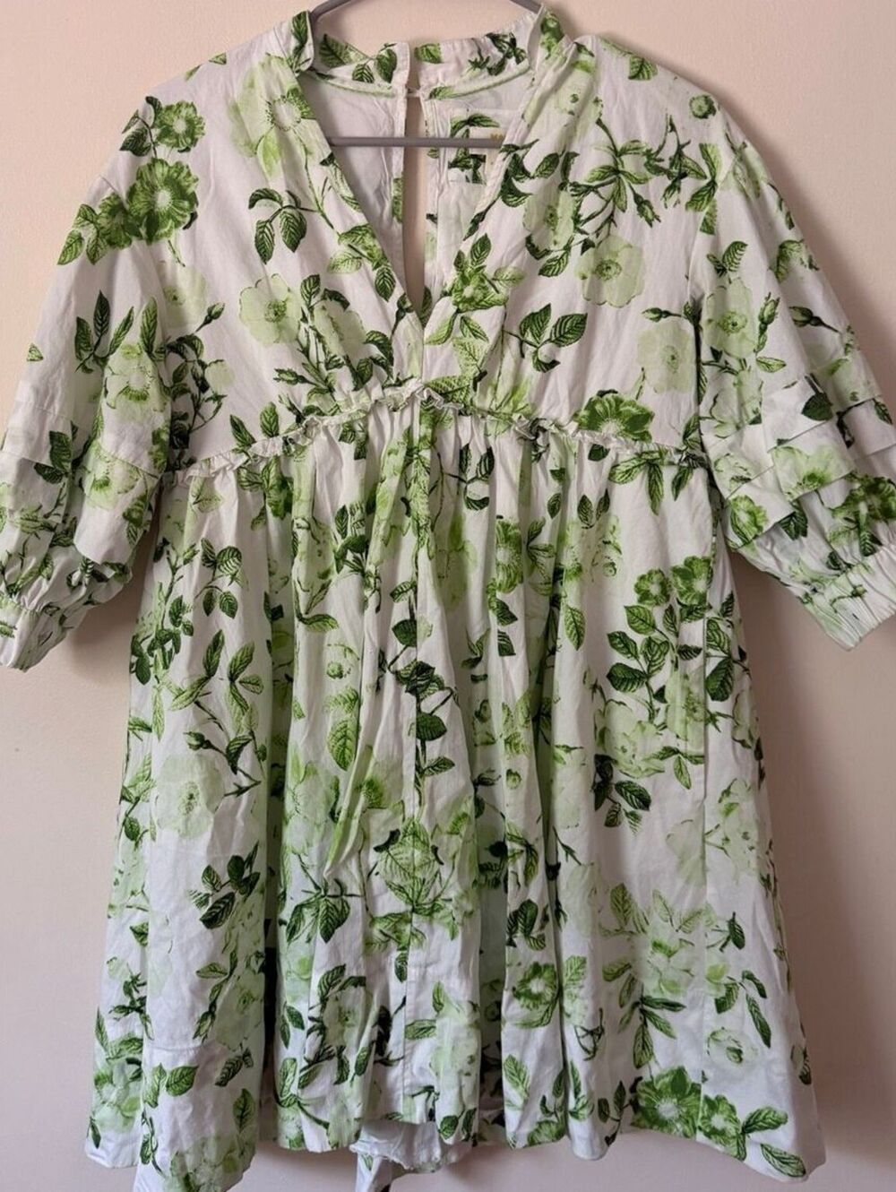 Maeve Anthropologie Green Floral Babydoll Mini Dress Puff Sleeve XS